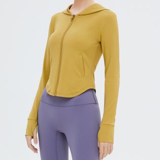 Slim fit, long sleeve yoga jacket with hood and portable pockets, casual and lightweight option.