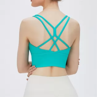 Fashionable cross back design, high elasticity and wider hem, removable chest pad.