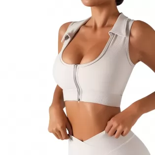 Lapel design sports bra, threaded fabric, soft and stretchy.